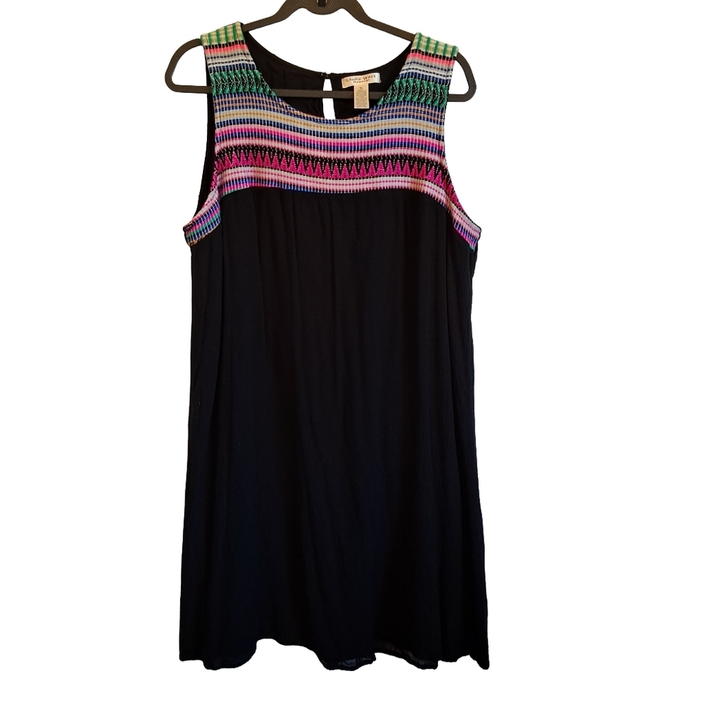 Black Sleeveless Dress with Colorful Ethnic Embroidery Xl